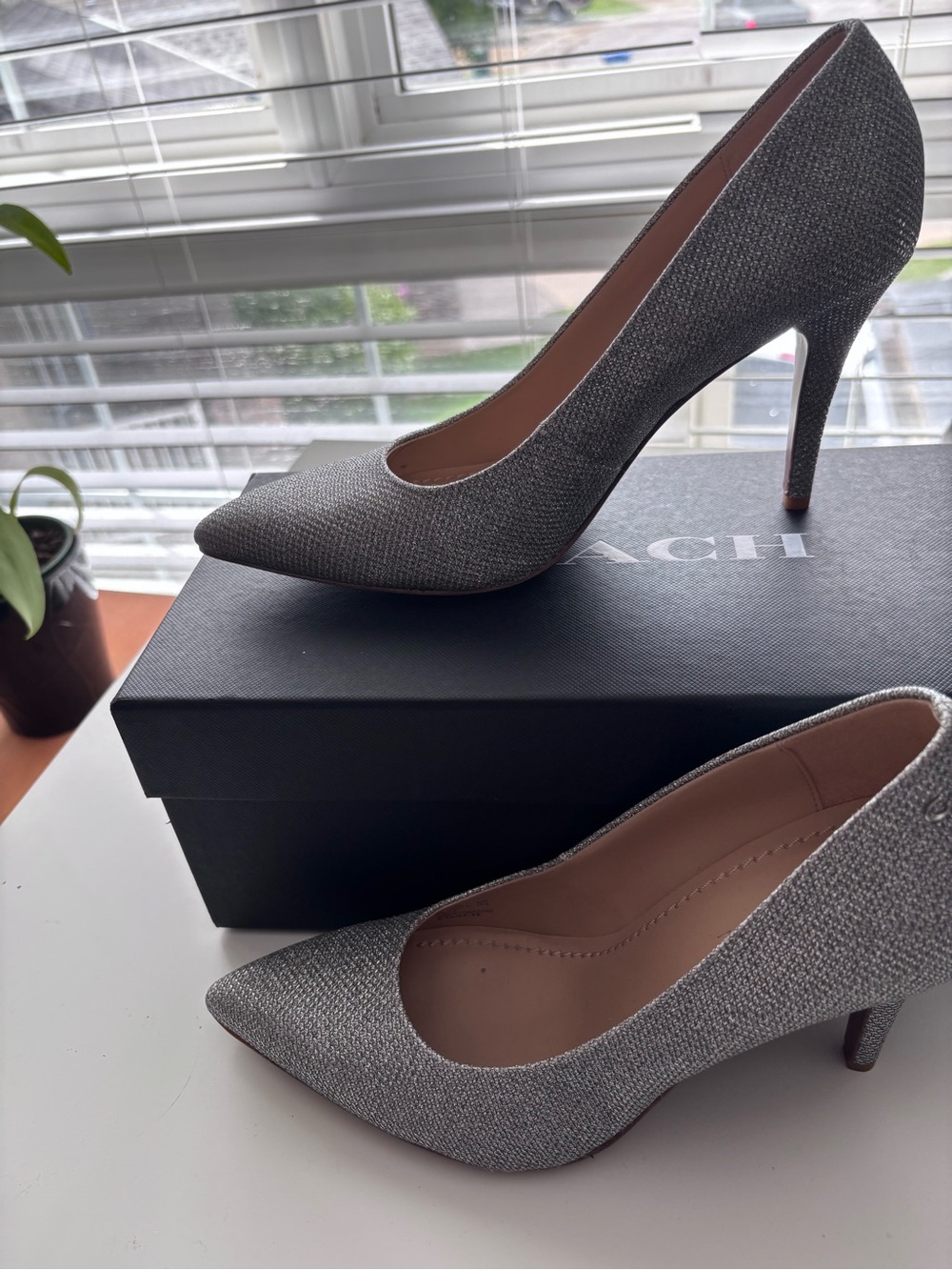 COACH Silver Glitter Pointed-Toe Pumps New with Box, Size 8. - Picture 3 of 10